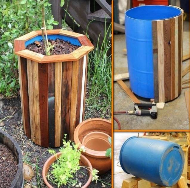 Barril para plantas hecho con sobrantes de madera 15