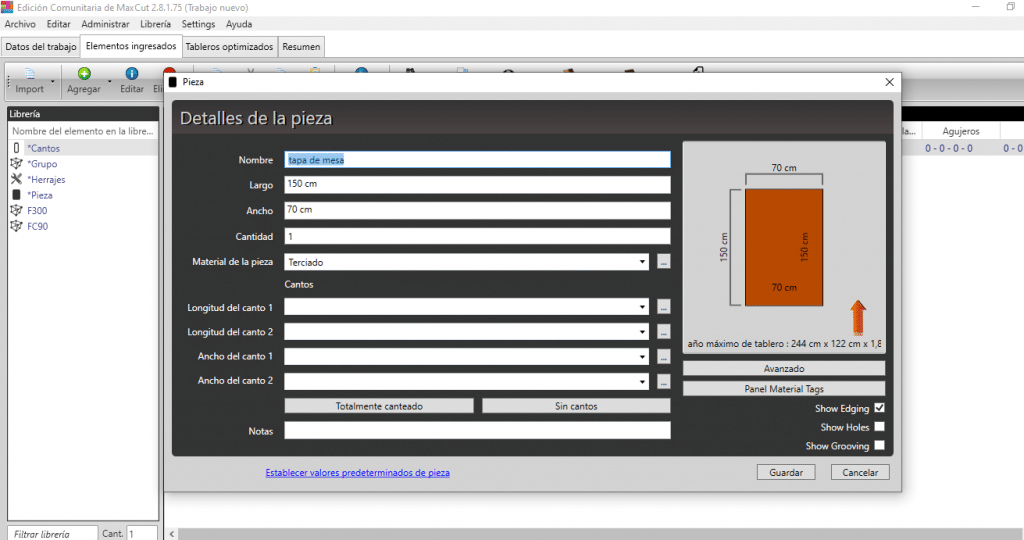 Maxcut: Programa para dimensionar paneles de madera 2